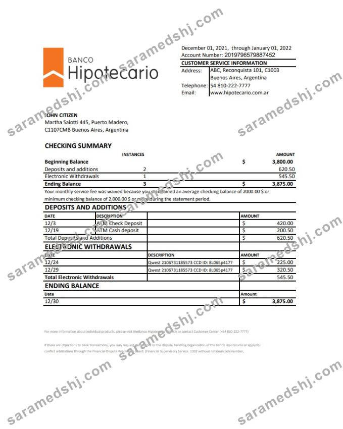Argentina Banco Hipotecario bank statement xls